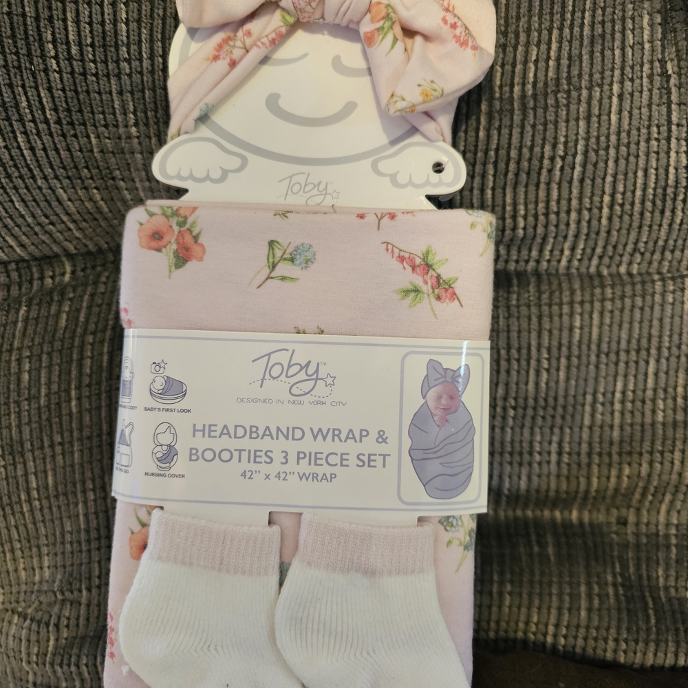 Baby's Pink Floral Headband, Wrap & Booties Set